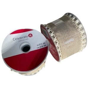 Celebrate It Wired Ribbon Burlap Textured Beige with Tassels 2.5 Inch 20 Yards